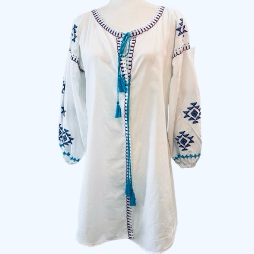 Raj 100% Cotton Boho Tunic Dress Swim Cover/Up Embroidered Balloon Sleeves L